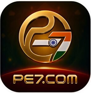PE7 Game APK download screen showing PE7 login, registration, and mobile gaming interface.