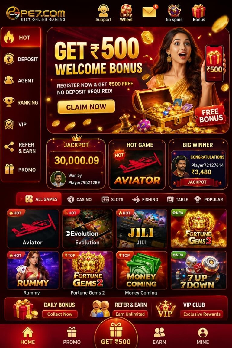 PE7 Game APK download screen showing PE7 login, registration, and mobile gaming interface.